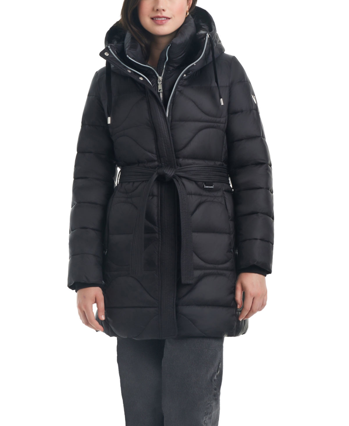Vince Camuto Women s Belted Hooded Puffer Coat Black Smart Closet