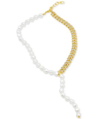 14k Gold-Plated Pav&eacute; Chain & Mother-of-Pearl Asymmetrical Lariat Necklace, 15" + 2" extender