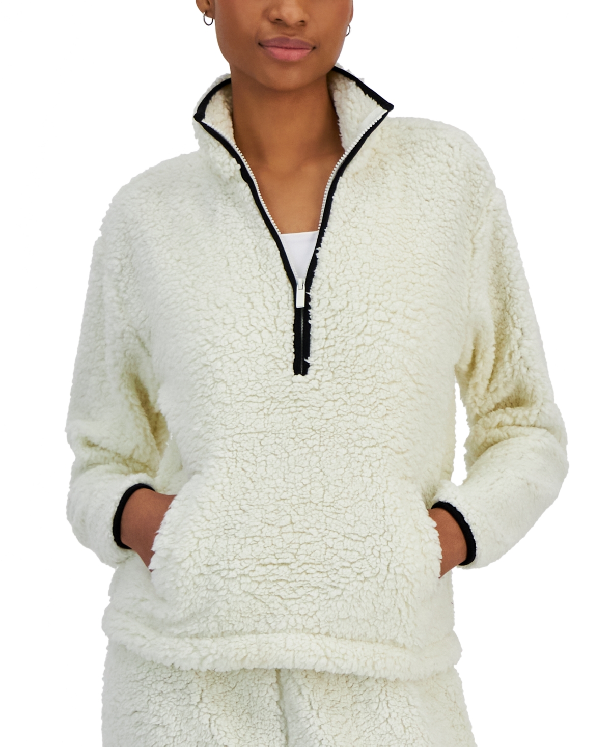 Shop Derek Heart Juniors' Quarter-zip Long-sleeve Sherpa Sweatshirt In Egret