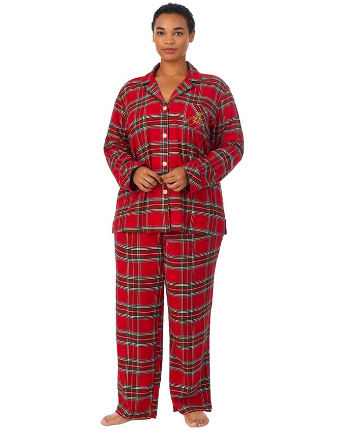 Lauren Ralph Lauren Plus Size 2-Pc. Long-Sleeve Notched-Collar Pajamas Set  - Macy's