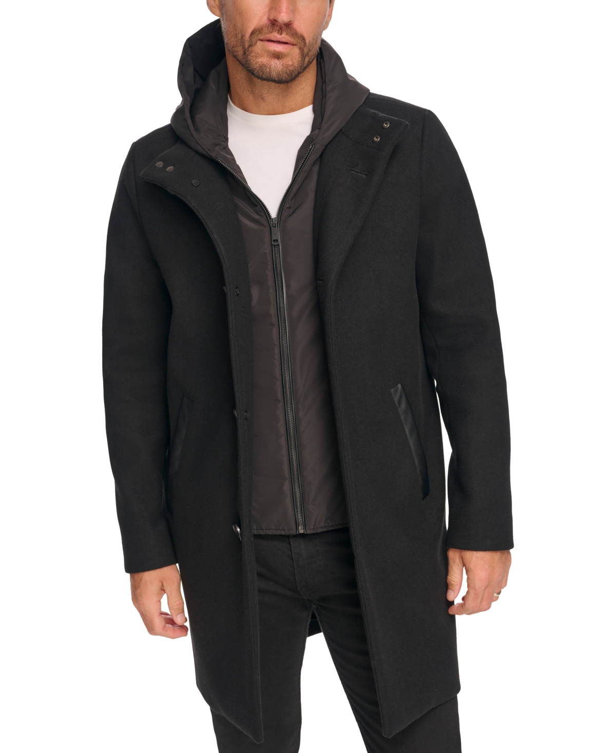 Kenneth Cole Men's Removable Hood Button Car Coat In Black