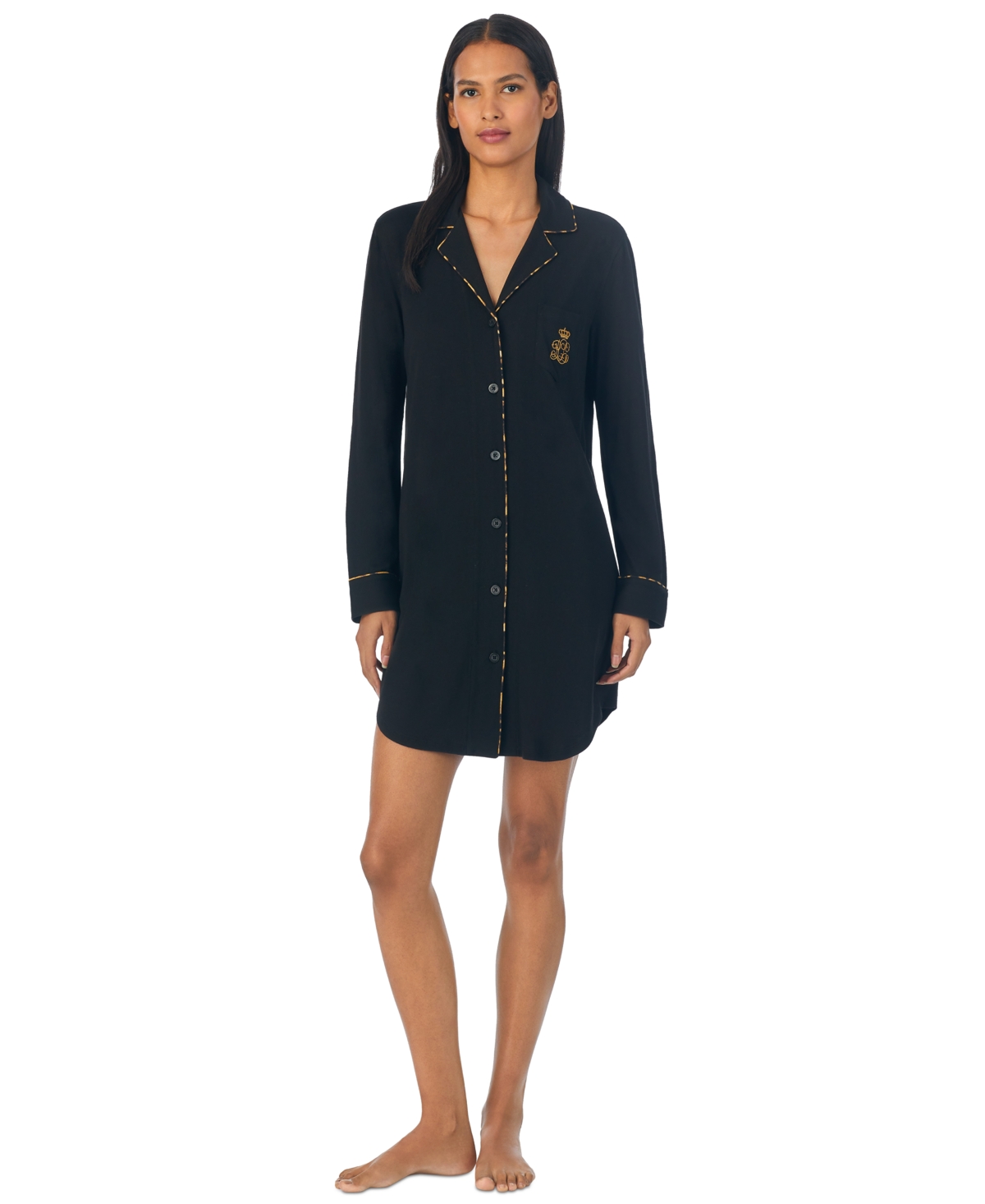 Ralph Lauren Women's Long-sleeve Notched-collar Sleepshirt In Black