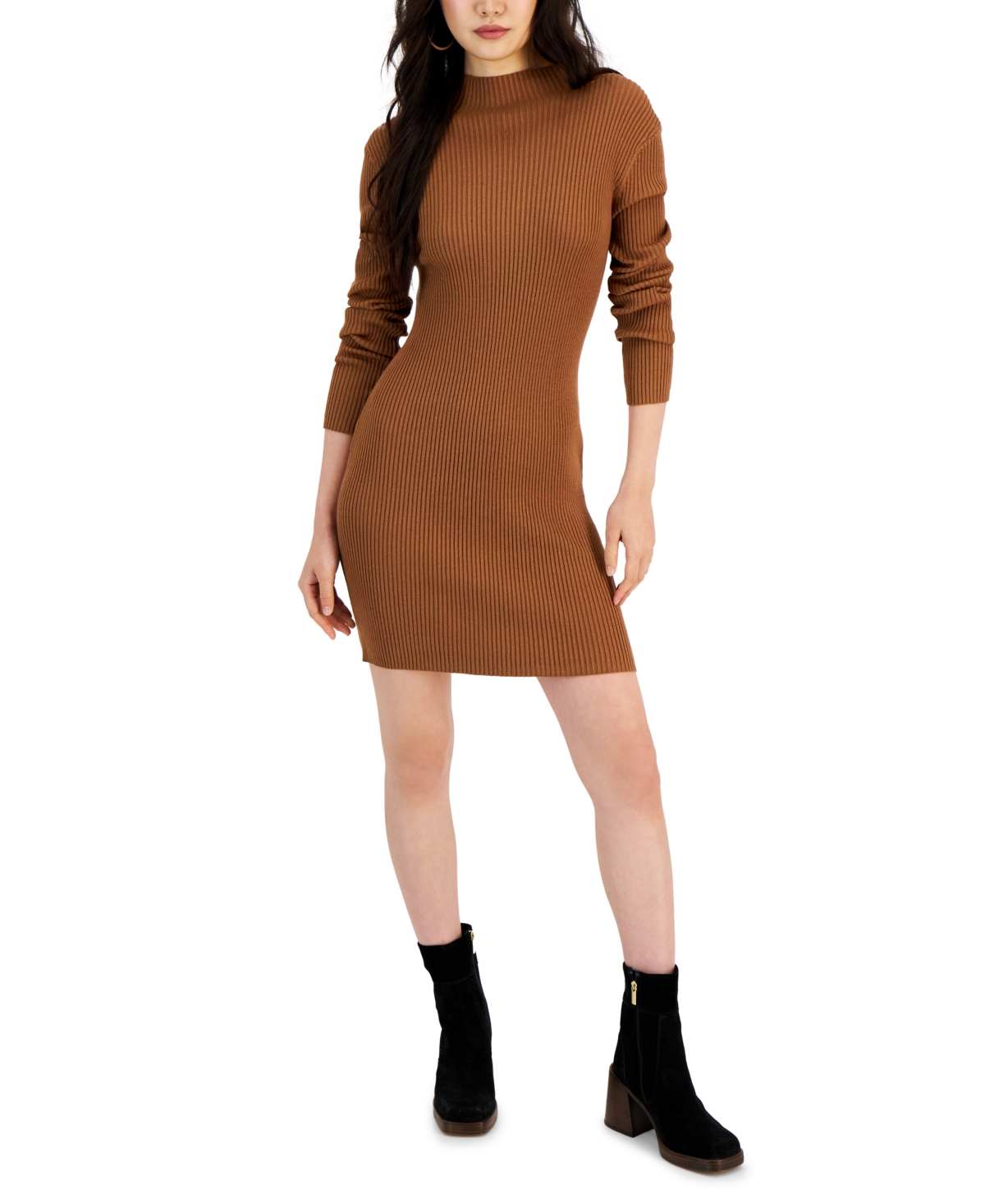 Hooked Up By Iot Juniors' Rib-knit Mock Neck Mini Sweater Dress In Teddy Brown