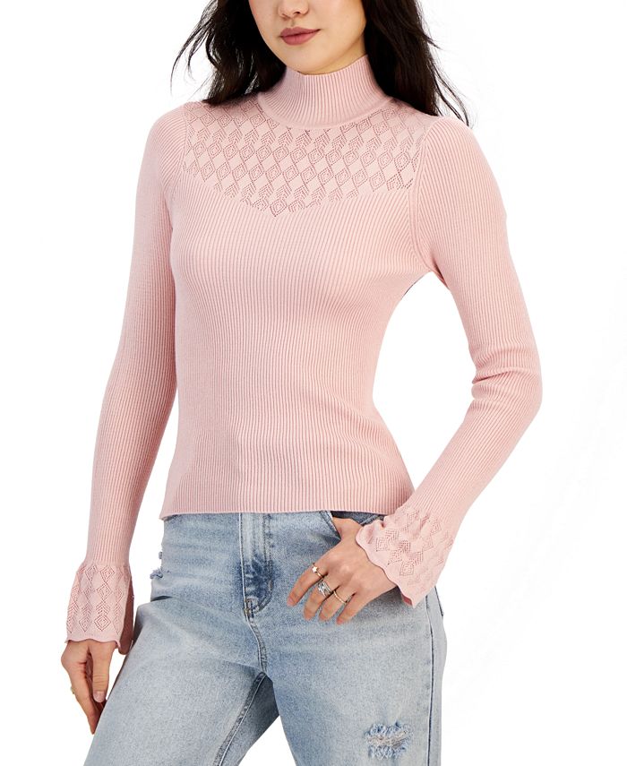 Hooked Up by IOT Juniors Pointelle Trim Fitted Turtleneck Sweater