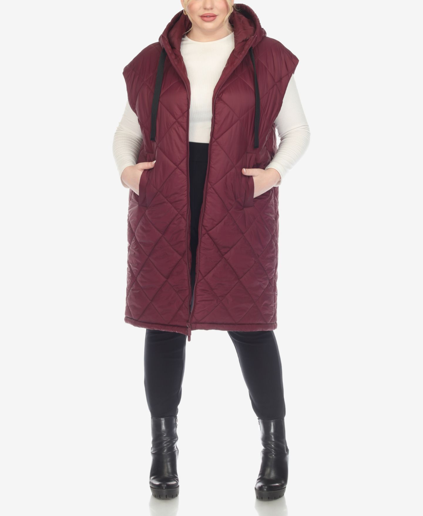 Женский жилет White Mark Plus Size Diamond Quilted Hooded Puffer Vest, цвет: Бордовый — фото 5