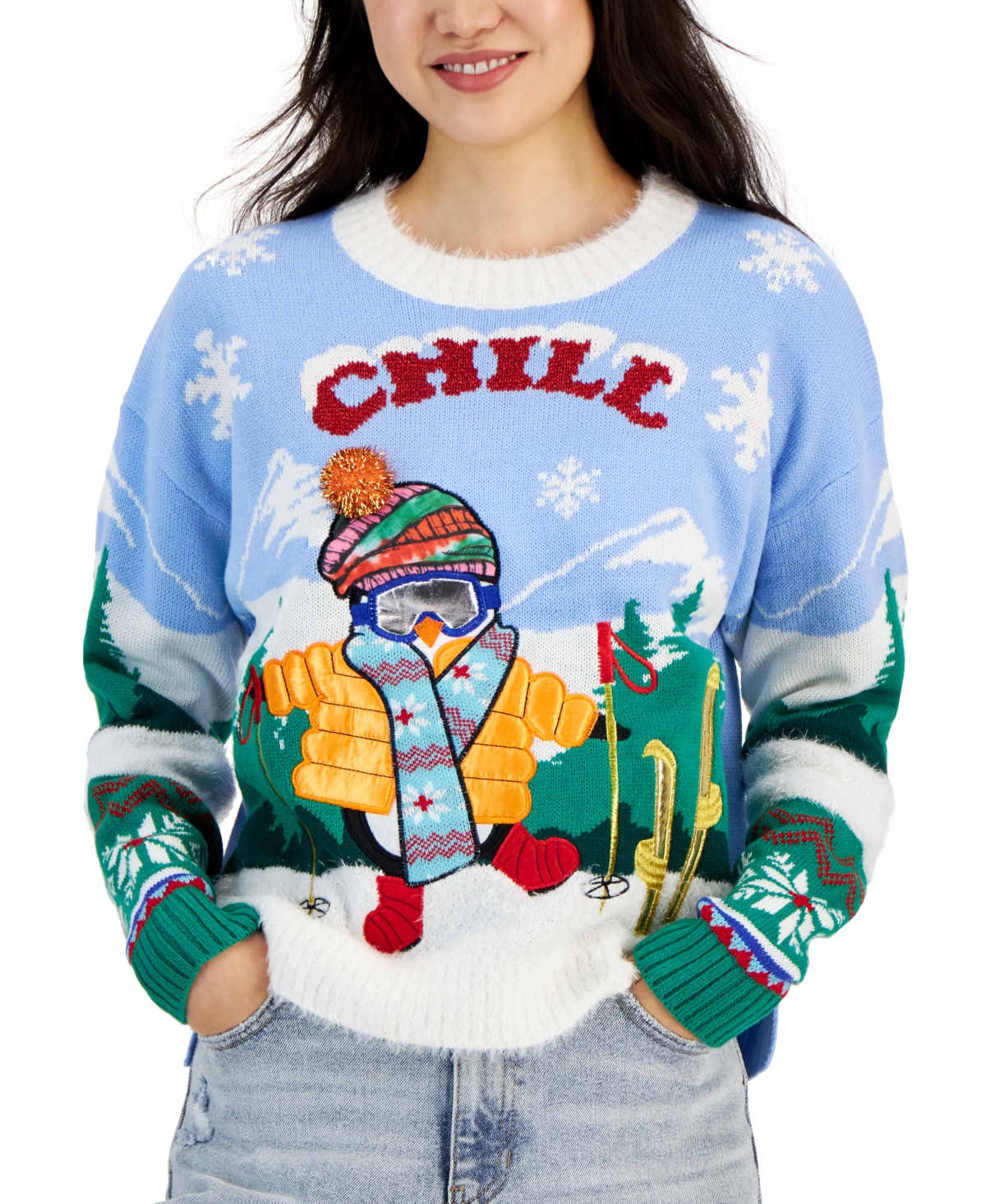 HOOKED UP BY IOT JUNIORS' EMBELLISHED SKI PENGUIN UGLY CHRISTMAS SWEATER 