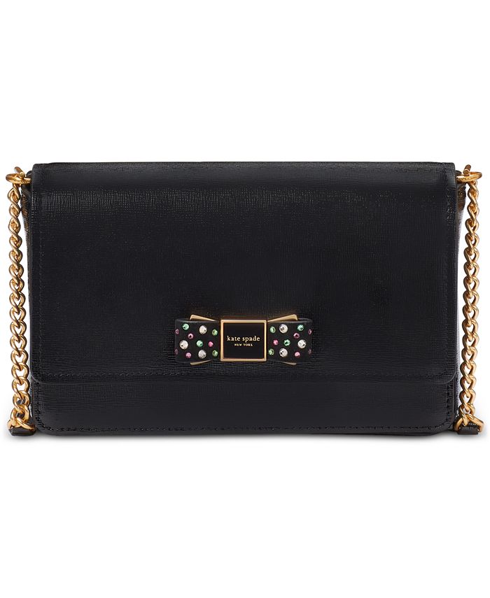 Kate Spade New York Morgan Bedazzled Bow Patent Leather Flap Chain Wallet - Black