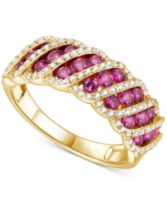 Macy's - Lab-Grown Ruby (1 ct. t.w.) & Lab-Grown White Sapphire (3/8 ct. t.w.) Diagonal Row Statement Ring in 14k Gold-Plated Sterling Silver (Also in Lab-Grown Blue Sapphire)