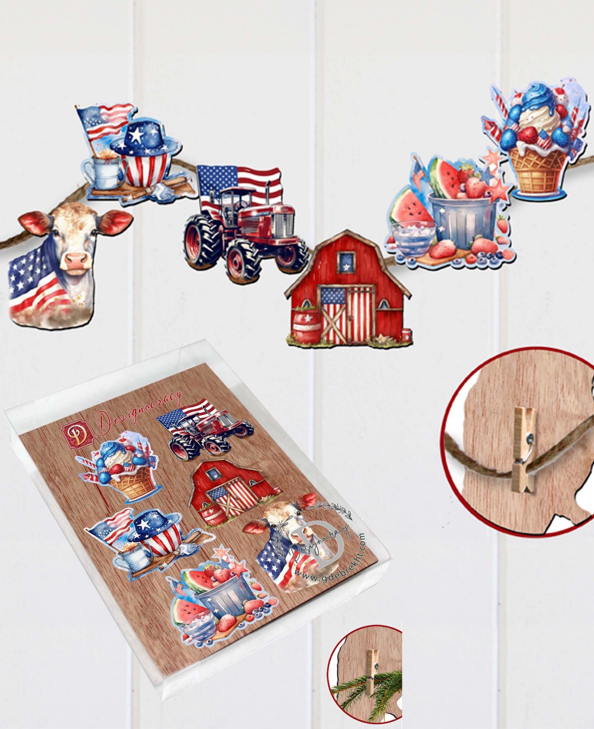 Designocracy Holiday Wooden Clip-on Ornaments American Farmhouse Set Of 6 G. Debrekht In Multi Color