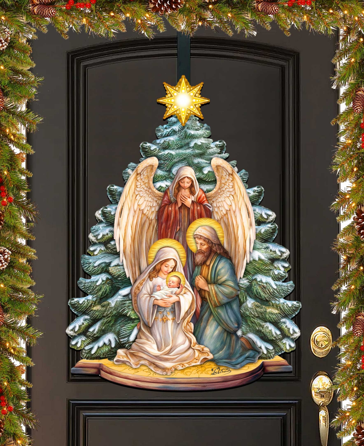 Designocracy Holy Family Nativity Christmas Wooden Door Decor Wall Decor G. Debrekht In Multi Color