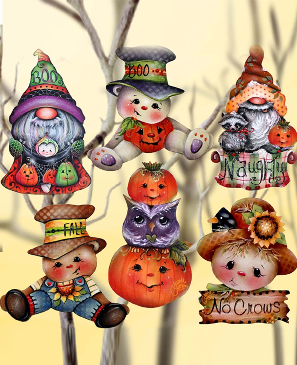 Designocracy Holiday Wooden Clip-on Ornaments Pumpkin, Scarecrow, Gnome Set Of 6 J. Mills-price In Multi Color