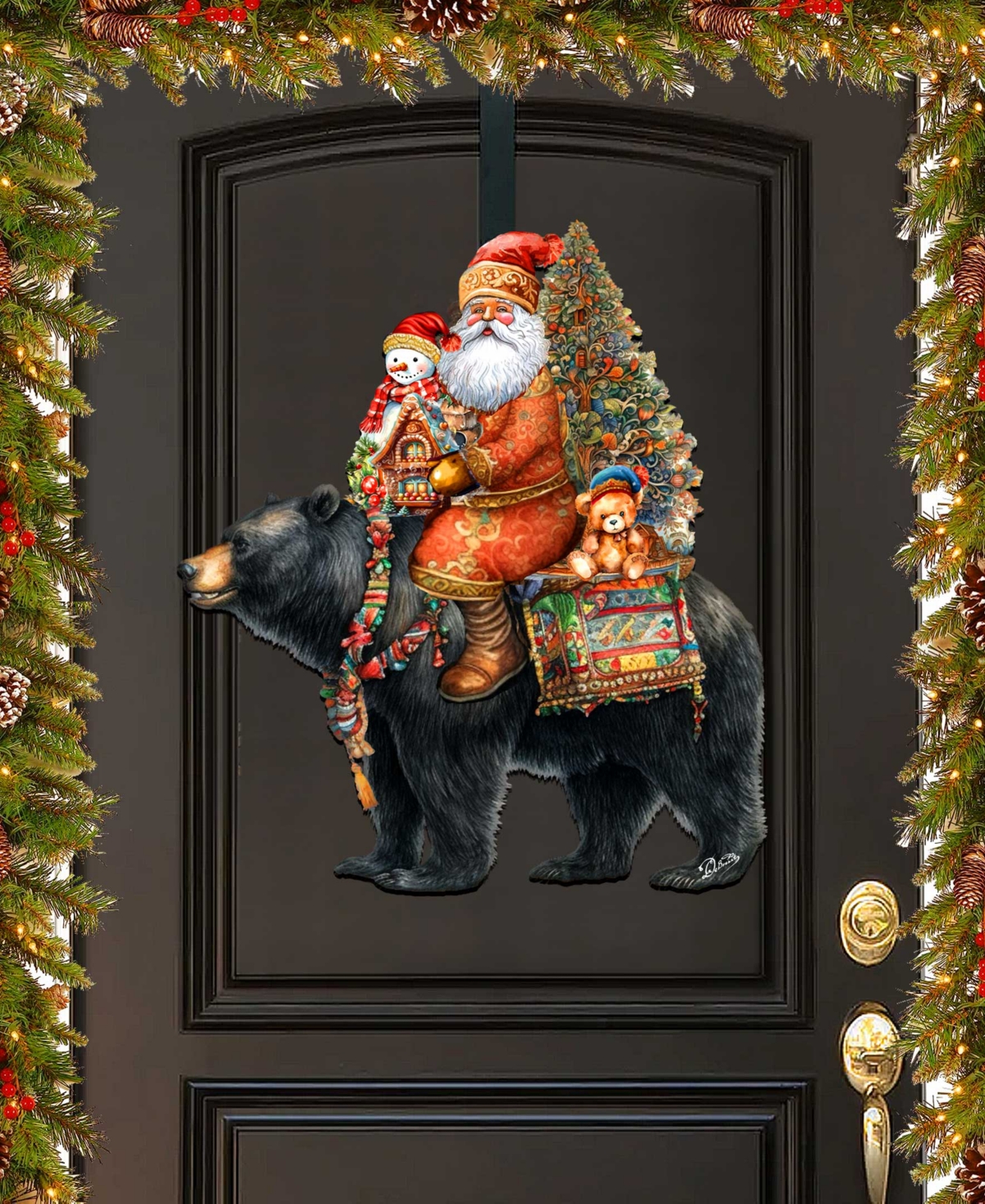 Designocracy Santa Claus And Black Bear Christmas Door Decor Wooden Wall Decor G. Debrekht In Multi Color