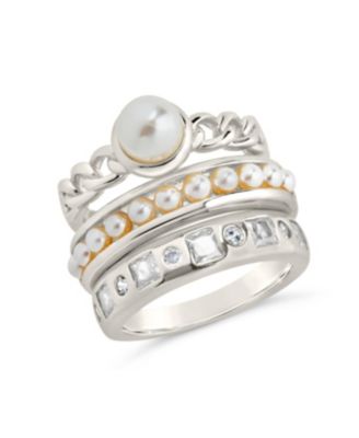 Cubic Zirconia Genuine Shell Pearl Kimber Stacking 3 Piece Ring Set