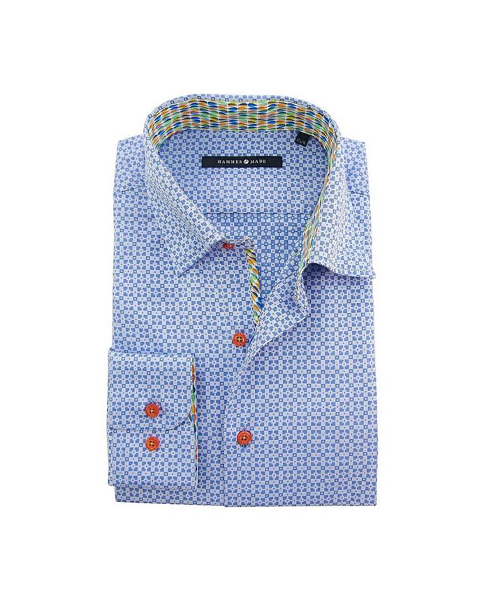 Hammer Made Men's Cotton Light Blue Geometric Dress Shirt with Hidden