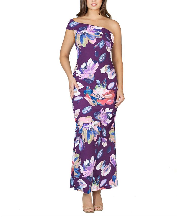 24seven Comfort Apparel Women's Floral One Shoulder Rouched Maxi Dress ...