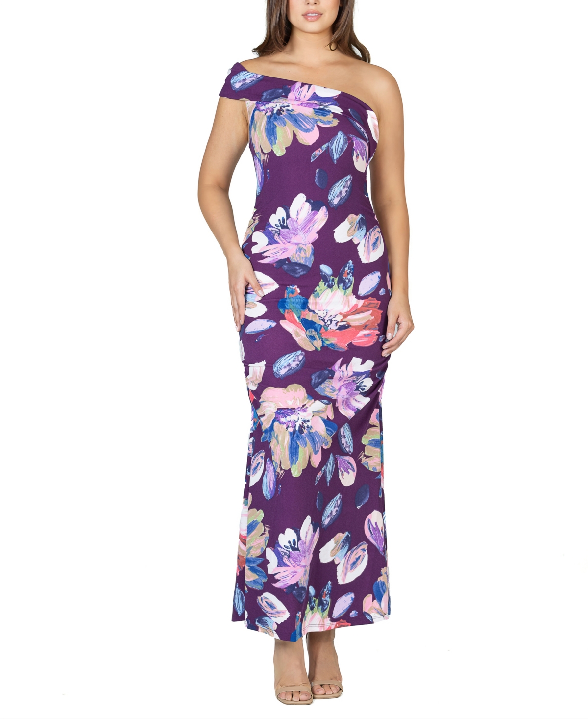 24seven Comfort Apparel Women's Floral One Shoulder Rouched Maxi Dress In Purple Multi
