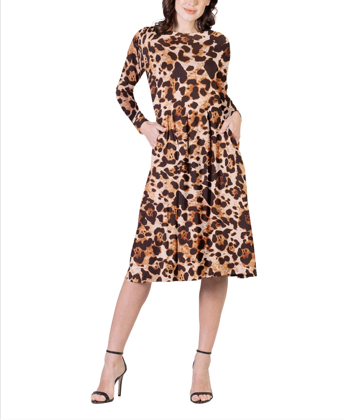 24seven Comfort Apparel Women's Print Long Sleeve Pleated Midi Dress In Brown Multi