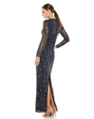Women's Embellished High Neck Illusion Long Sleeve Gown