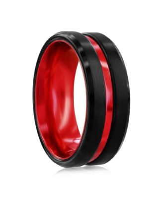 Black & Red Stripe Tungsten Ring - Matte & Polished