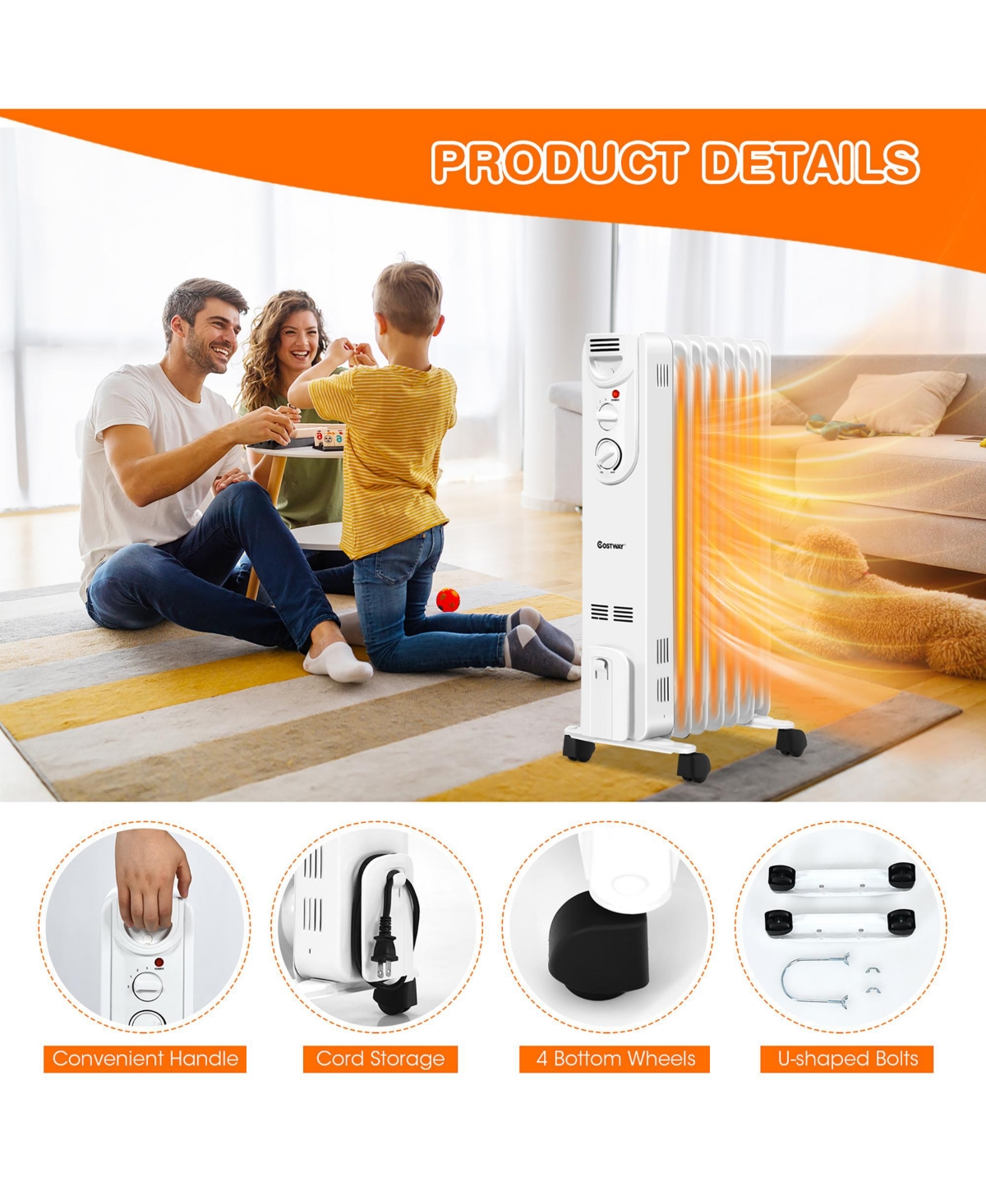 1500W Electric Indoor Oil Heater W/3 Heat Settings & Safe Protection