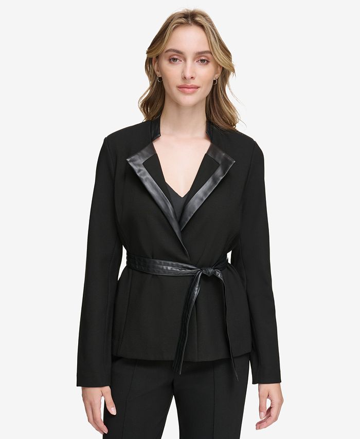 Calvin Klein Women's Wrap Jacket With Faux-Leather Trim Tie - Macy's