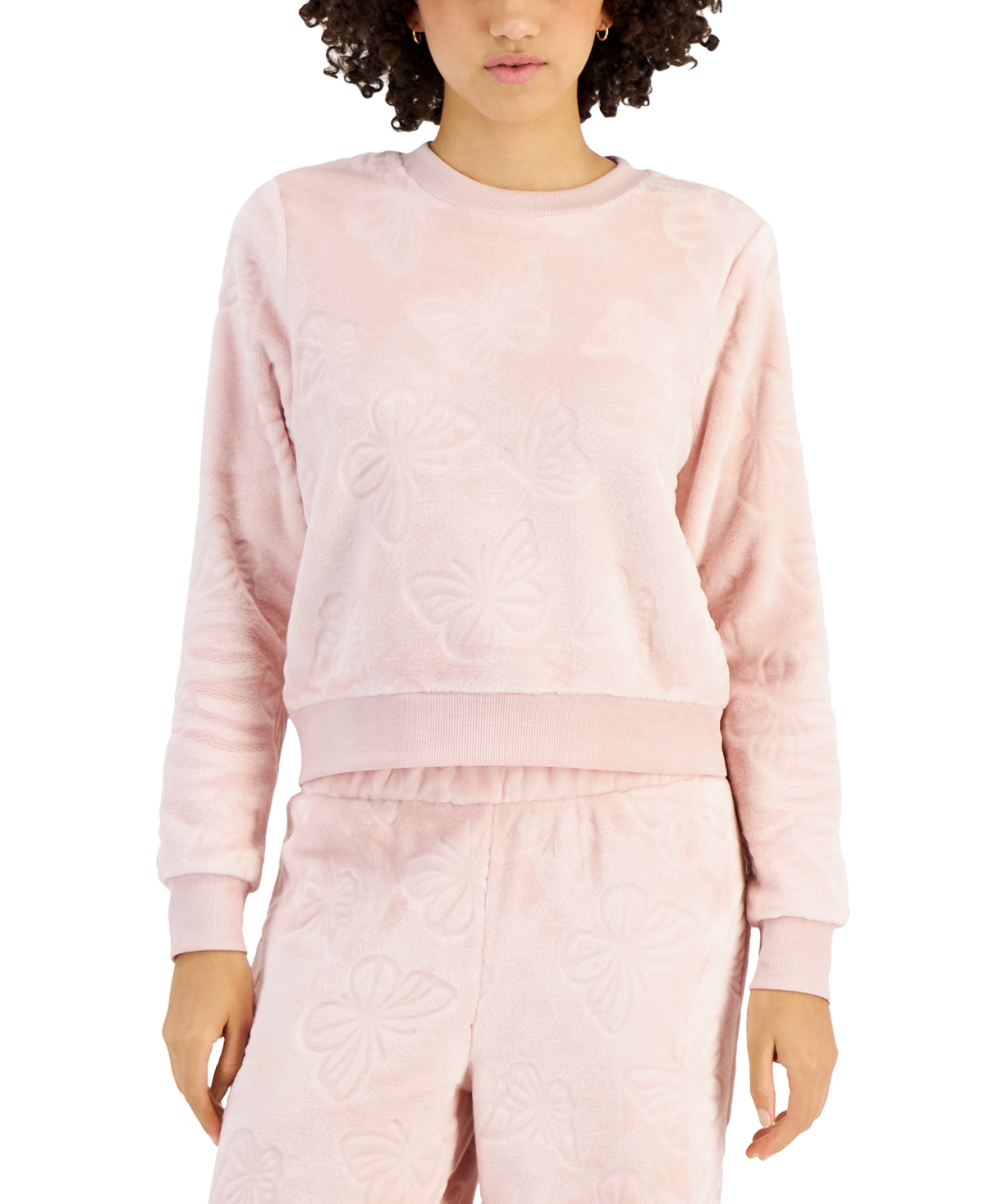 Juniors' Cozy Faux-Fur Embossed Crewneck Sweatshirt - Silver Pink Butterfly