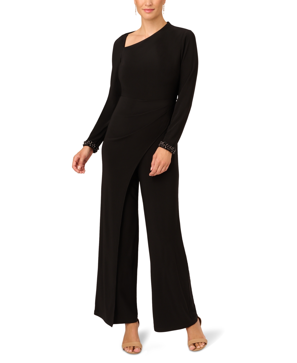Adrianna Papell Women's Beaded-cuff Asymmetric Jumpsuit In Black
