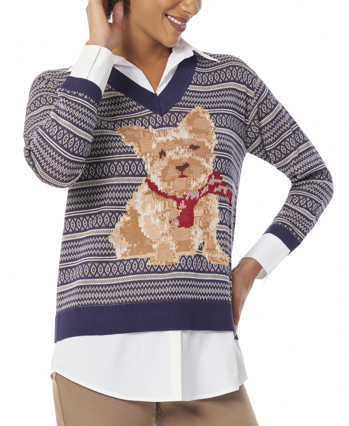 Shop Jones New York Women's Dog Scarf Layered-look V-neck Sweater In Pacific Navy Multi