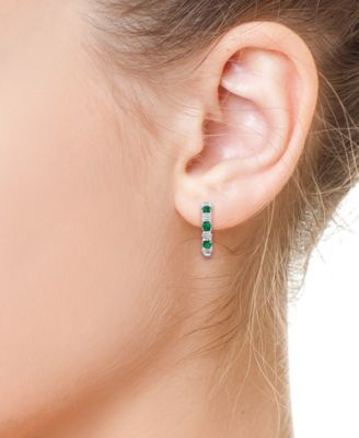 EFFY&reg; Emerald (1-1/6 ct. t.w.) & Diamond (1/20 ct. t.w.) Extra Small Hoop Earrings in Sterling Silver, 0.33" (Also available in Ruby and Sapphire)