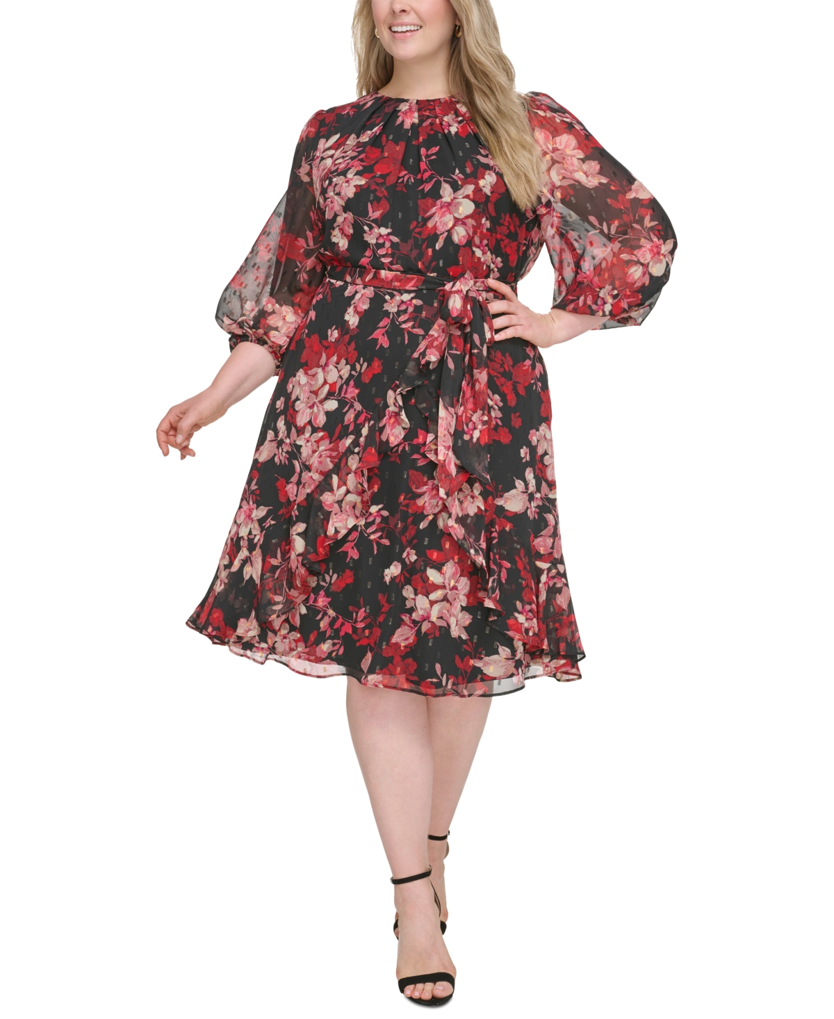 Jessica Howard Plus Size Clip-dot Chiffon Belted Midi Dress In Black Red