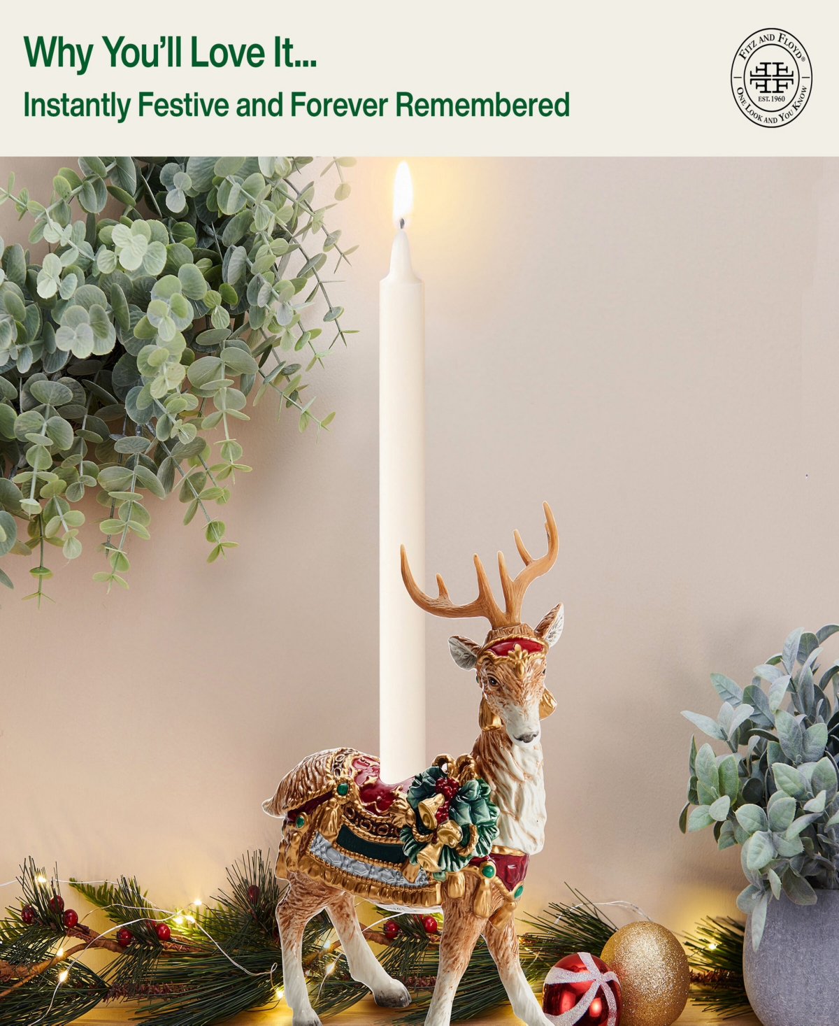 Shop Fitz And Floyd Noel Holiday Standing Deer Candle Holder, 10.25-in In Red