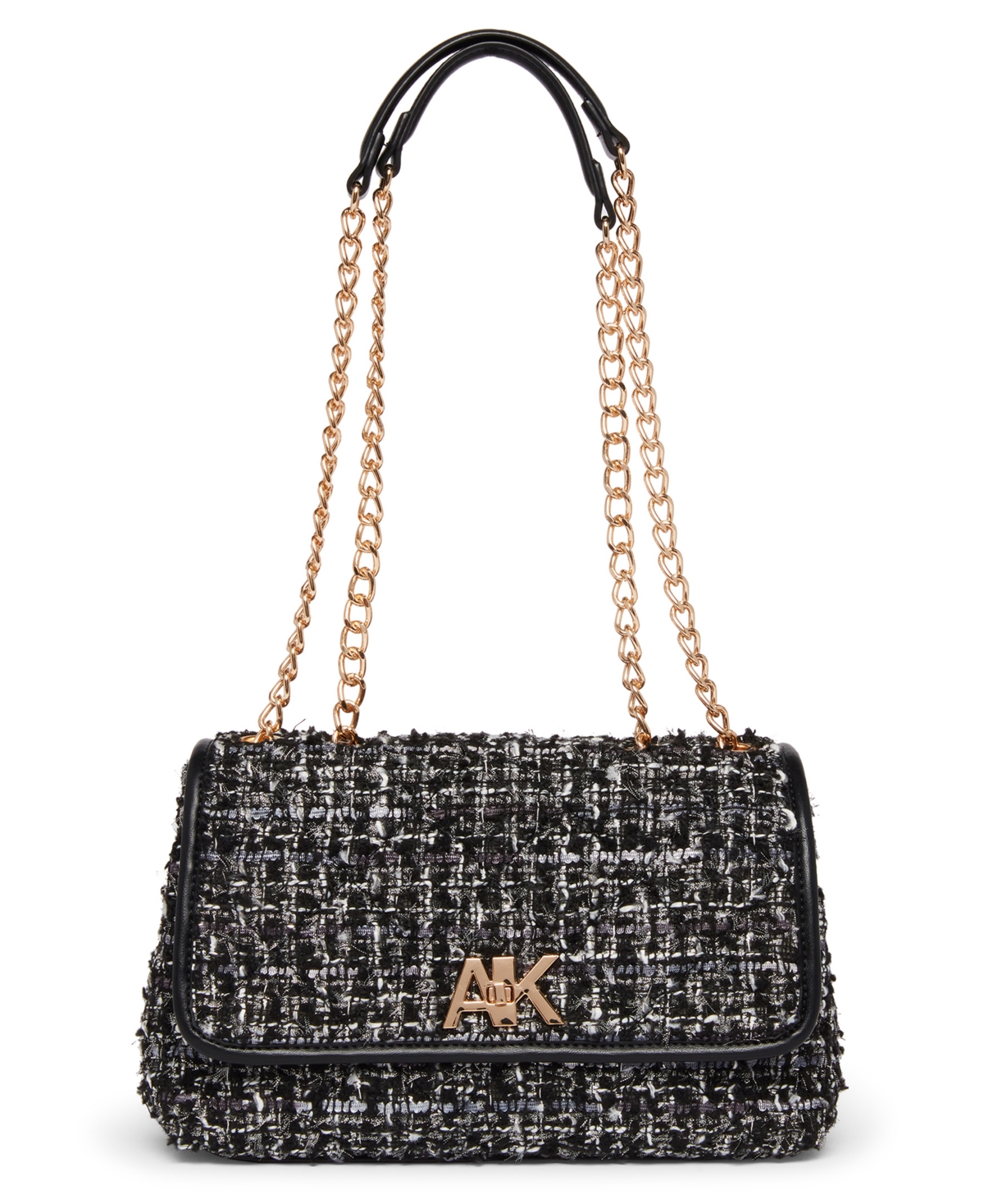 Anne Klein Flap Shoulder Bag With Ak Turn Lock In Tweed In Black Multi