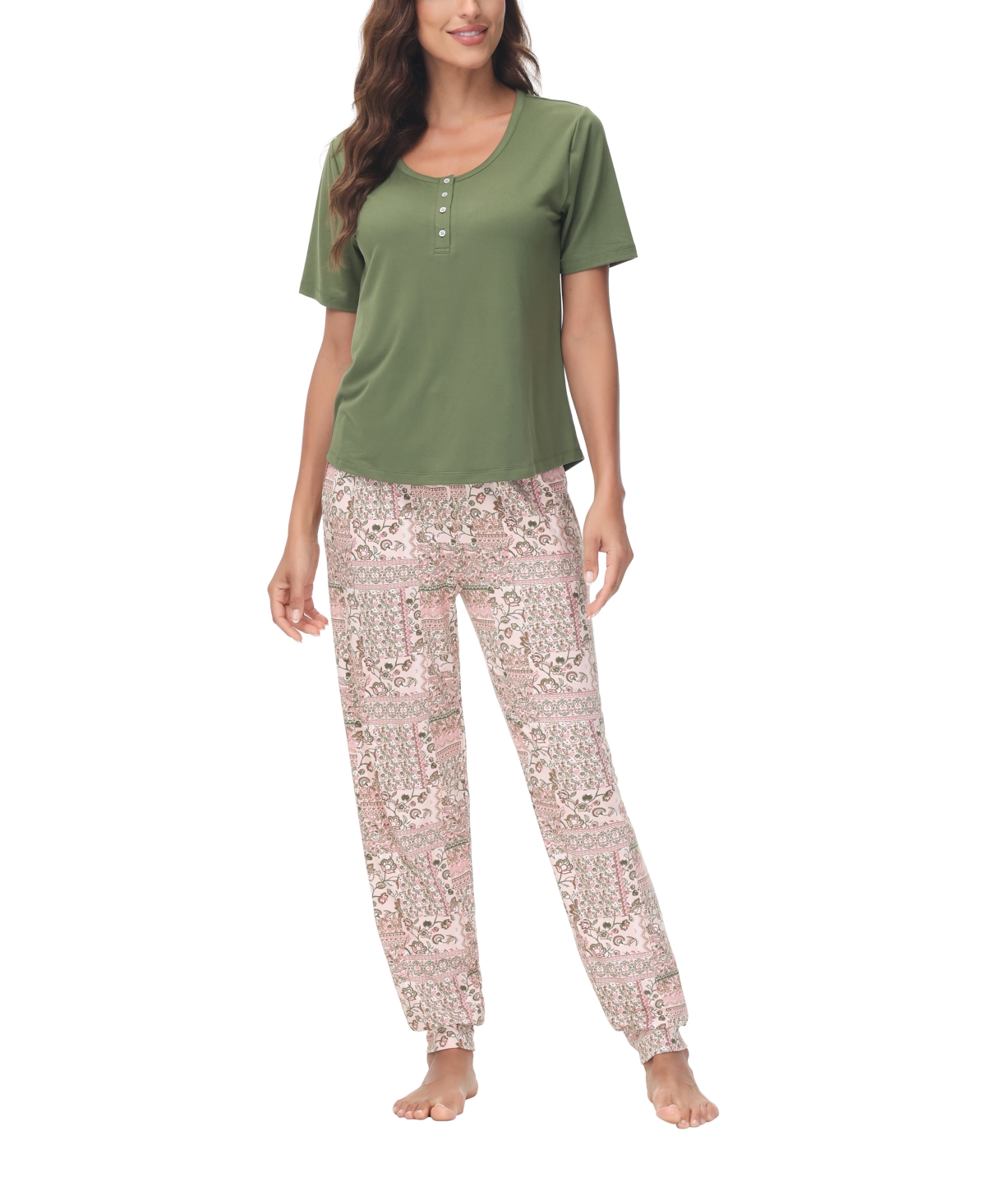 Ink+ivy Women's 2 Piece Short Sleeve Henley Top With Jogger Pajama Set In Dianthus