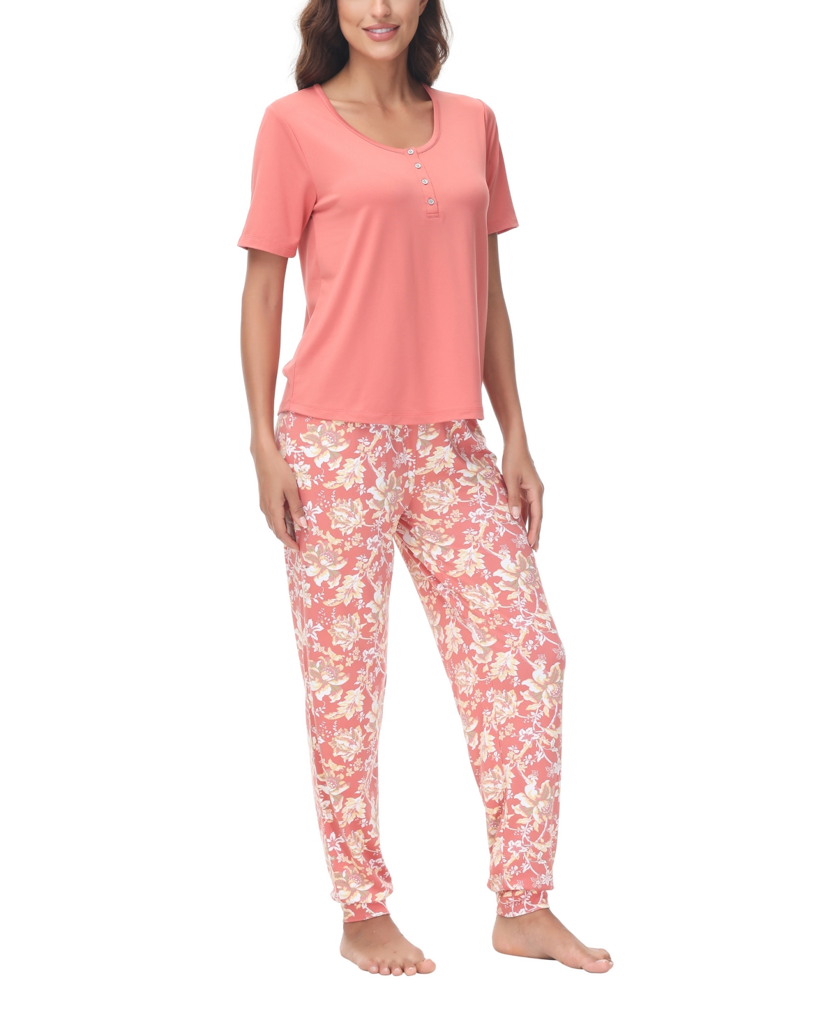 Women's 2 Piece Short Sleeve Henley Top with Jogger Pajama Set - Dianthus