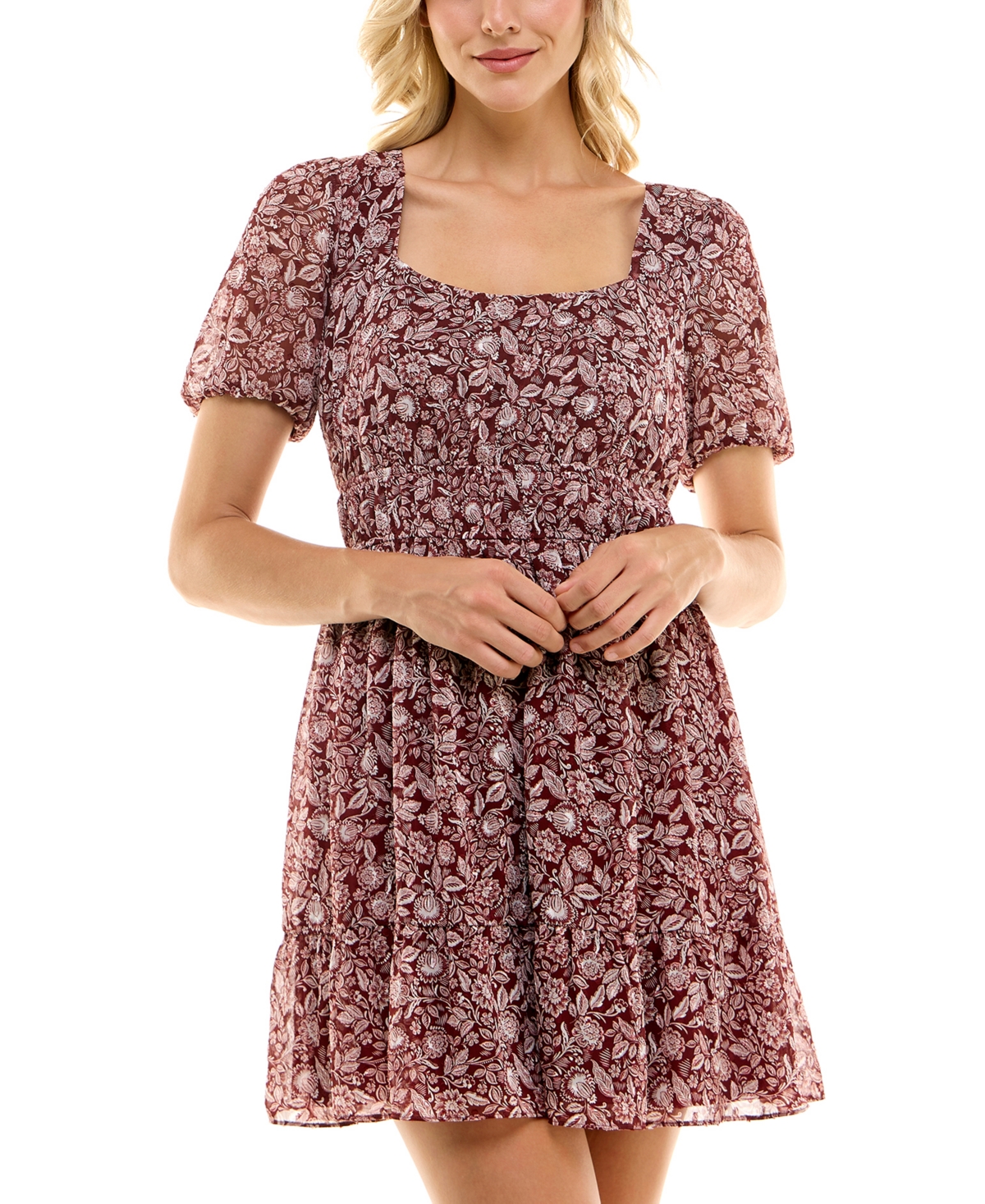 Bcx Juniors' Printed Puff-sleeve A-line Dress In Wine,floral