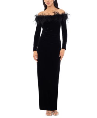 XSCAPE - Women's Off-The-Shoulder Feather-Trim Velvet Gown