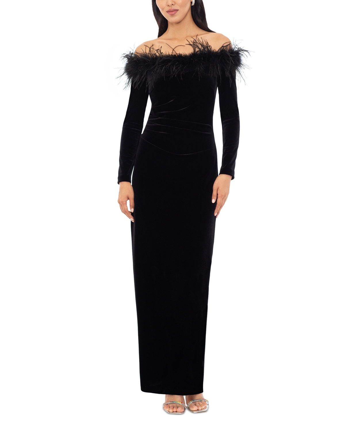 Xscape Women's Off-the-shoulder Feather-trim Velvet Gown In Black