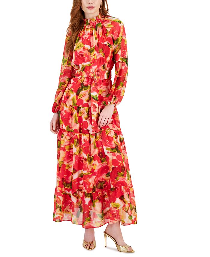 Taylor Women's Printed Chiffon Smocked Mock Neck Maxi Dress - Macy's