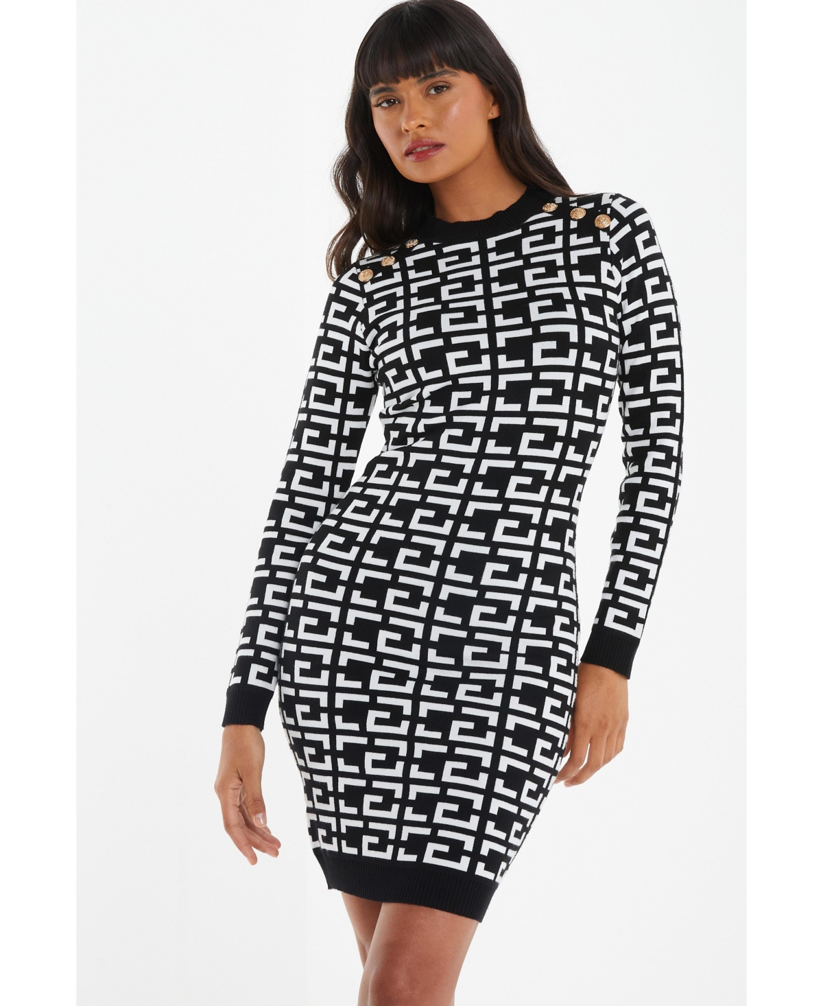 Quiz Women's Geometric Button Neckline Sweater Dress In Black