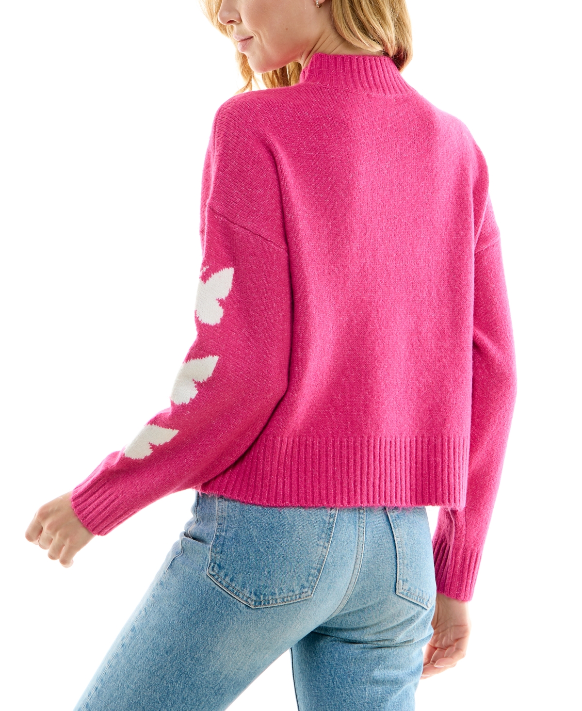 Shop Ultra Flirt Juniors' Butterflies Mock-turtleneck Sweater In Pink Butterfly