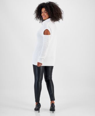 Shop Bar Iii Womens Turtleneck Cutout Sweater Faux Leather Double Zip Leggings Created For Macys In Deep Black