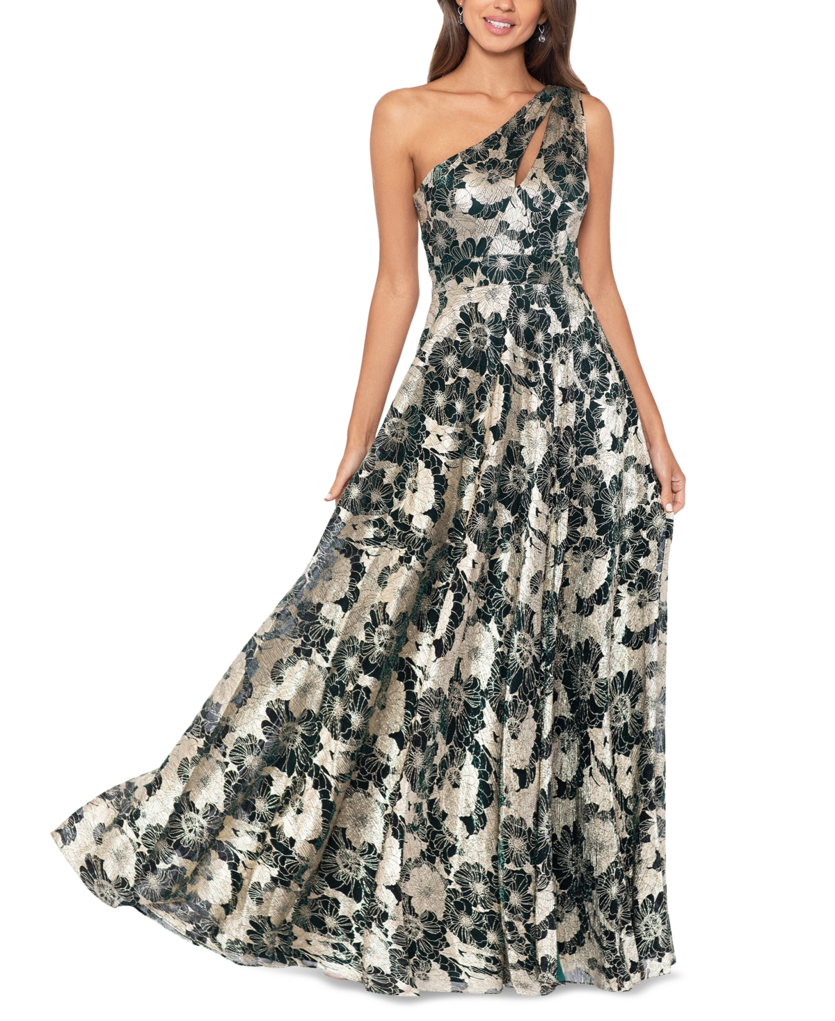 BETSY & ADAM METALLIC-FLORAL ONE-SHOULDER GOWN