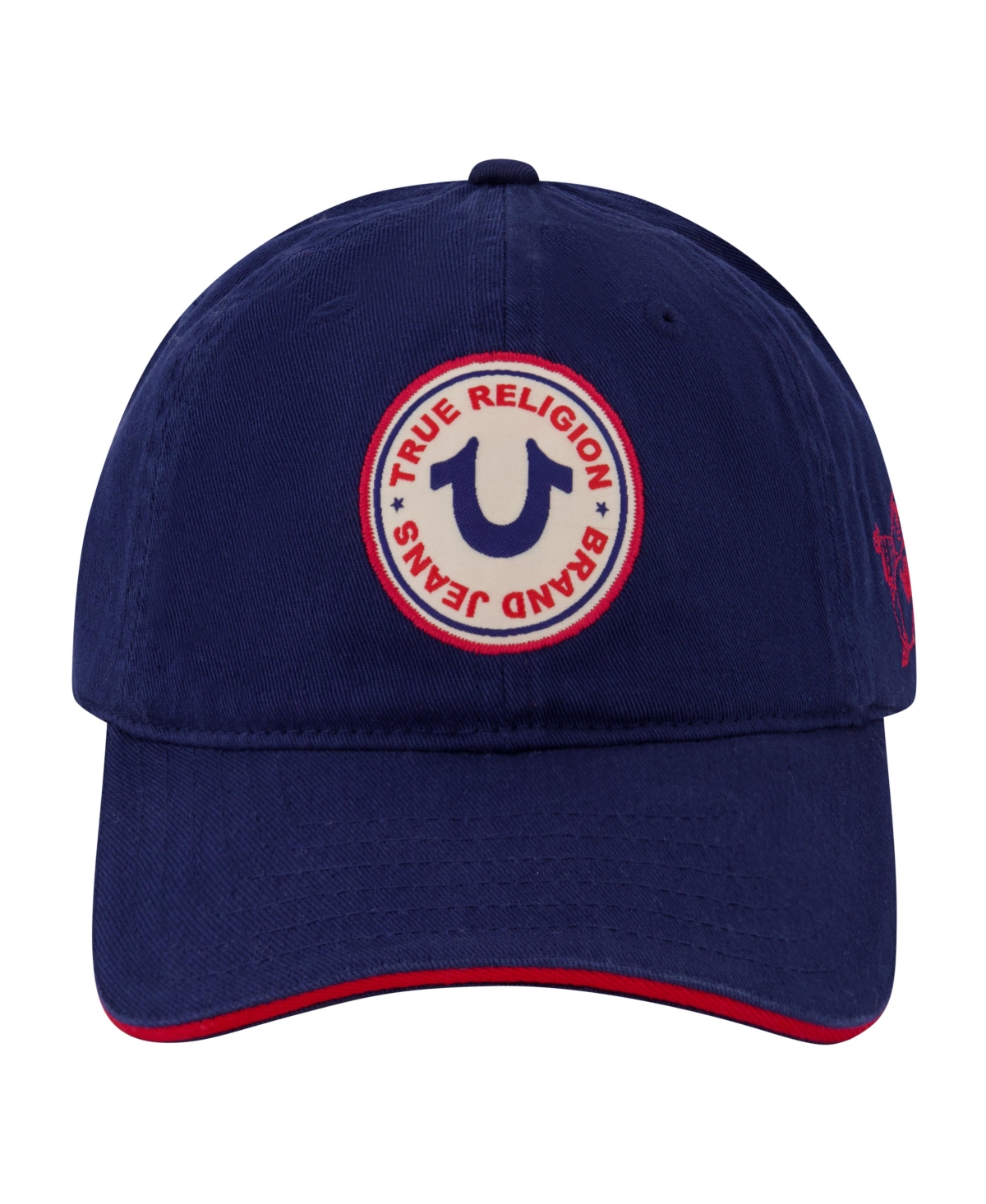 TRUE RELIGION BASEBALL CAP, 5 PANEL COTTON TWILL BOYS BASEBALL HAT WITH ROUND WOVEN PATCH LOGO, ADJUSTABLE, BLUE