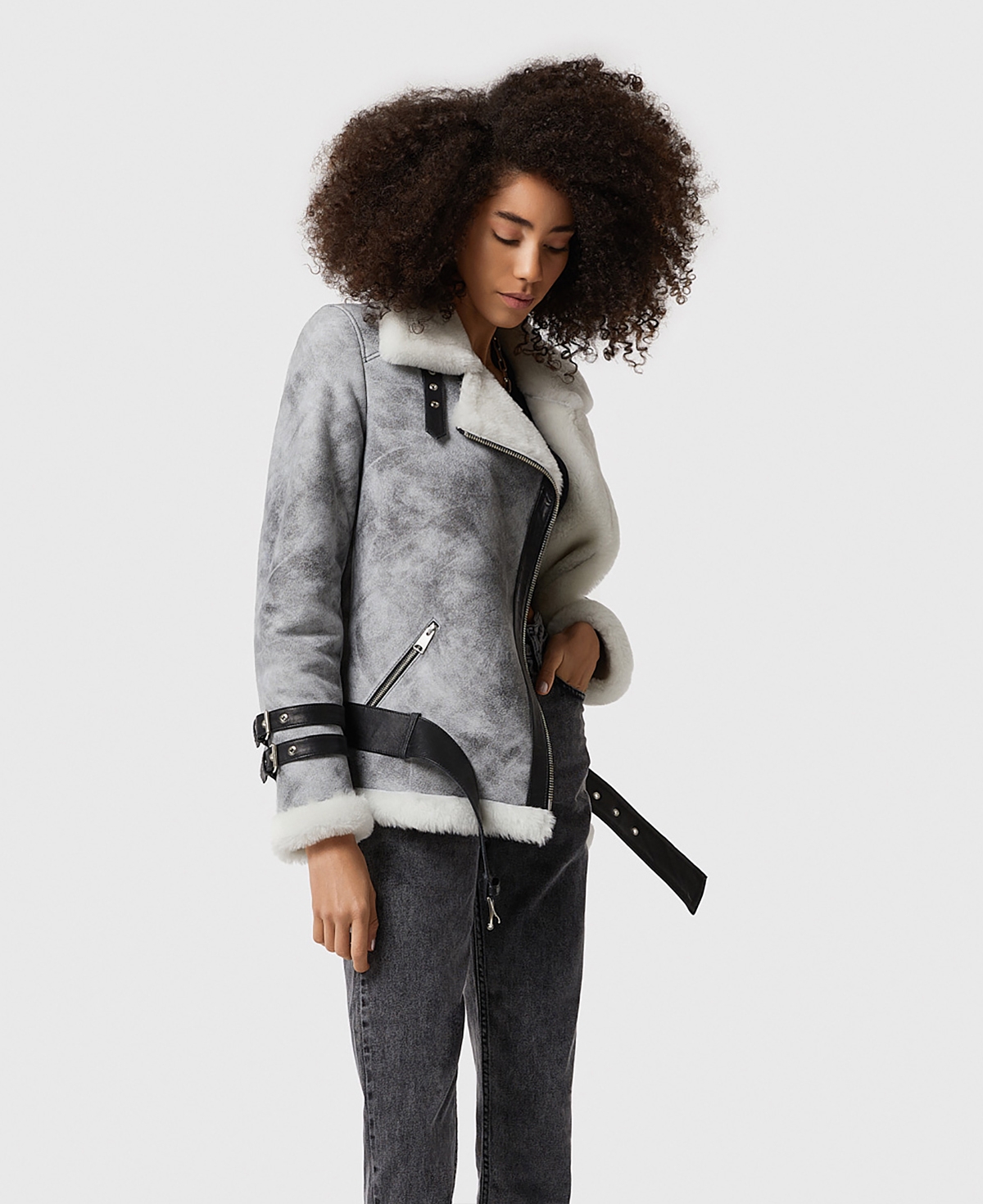 Furniq Uk Women's Shearling Belted Biker Jacket, Natural Dyingwith White Wool - Grey