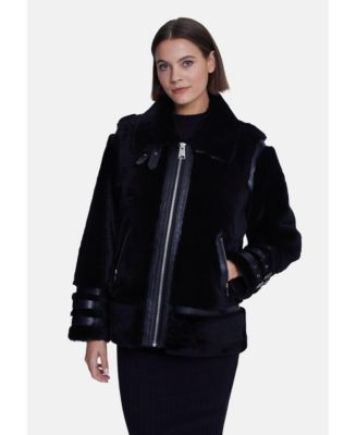 Furniq UK Women's Shearling Jacket, Silky Black With Black Wool - Macy's