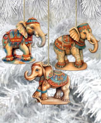 Carousel Elephants Christmas Wooden Ornaments Set of 3 G. DeBrekht