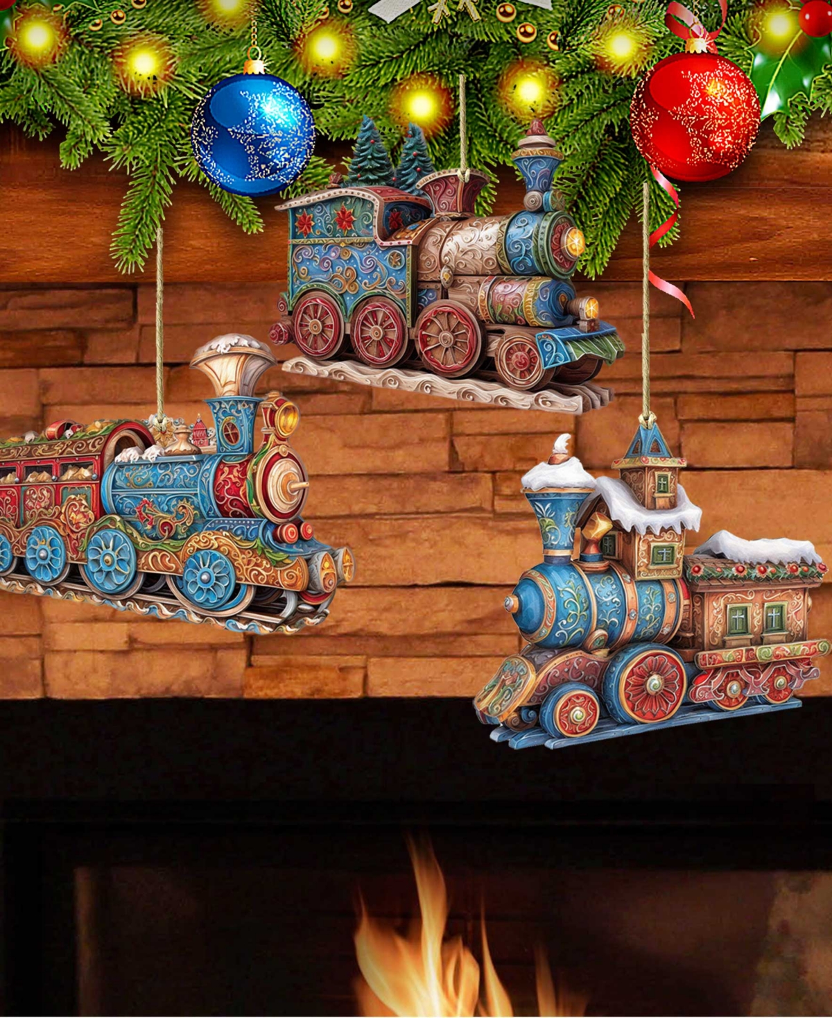 Shop Designocracy Christmas Train Christmas Wooden Ornaments Holiday Decor Set Of 3 G. Debrekht In Multi Color