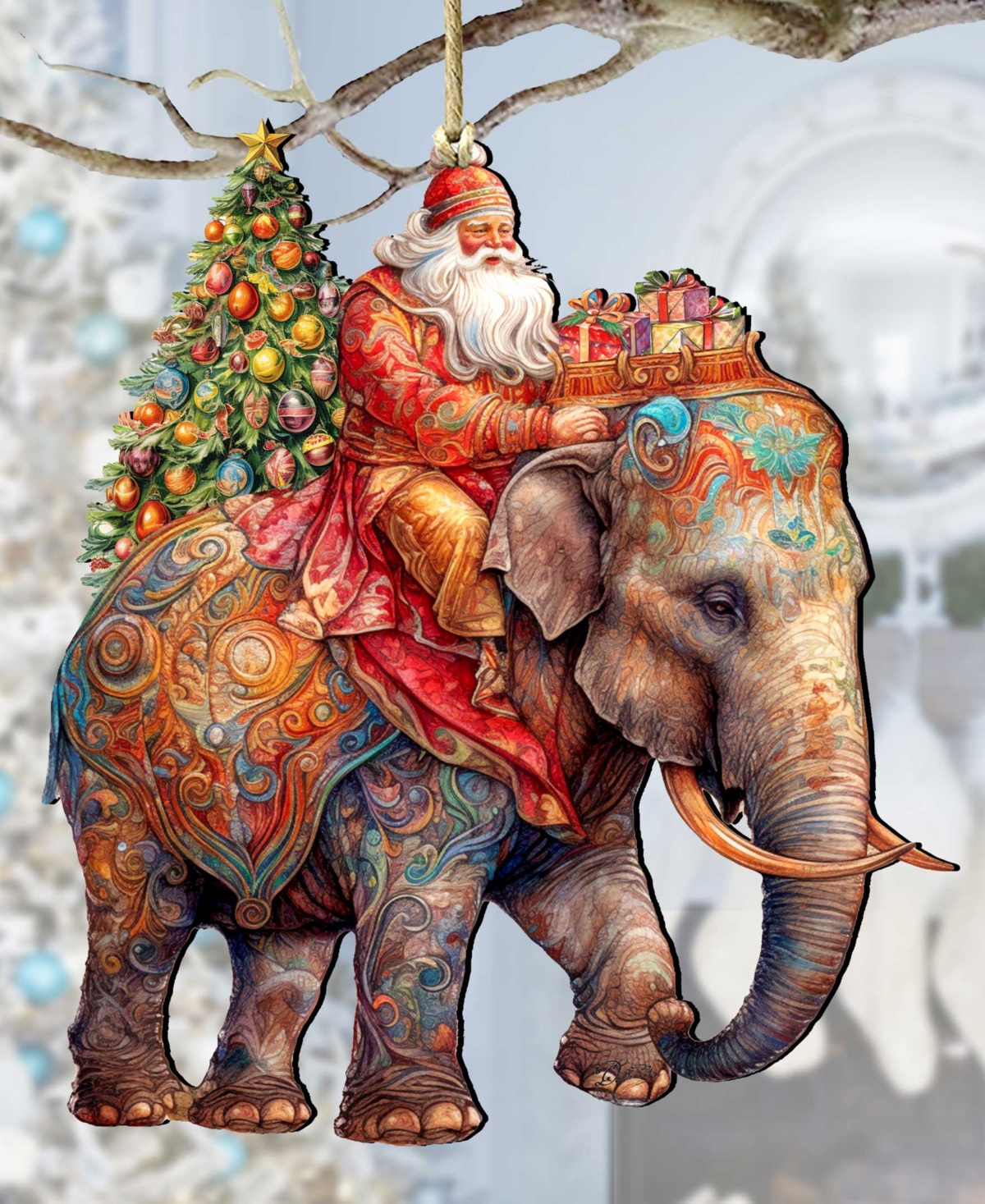 Designocracy Santa On Elephant Christmas Wooden Ornaments Holiday Decor G. Debrekht In Multi Color