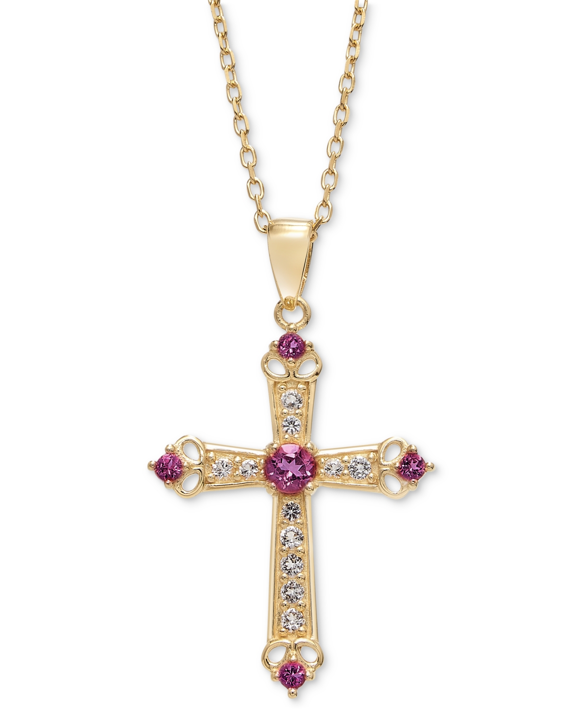 Macy's Sky Blue Topaz (1/3 Ct. T.w.) & White Topaz (5/8 Ct. T.w.) Cross 18" Pendant Necklace In 14k Gold-pl In Rhodolite