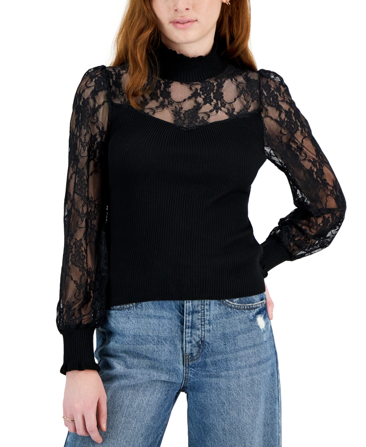 Juniors' Lace-Sleeve Mock-Neck Sweater - Black